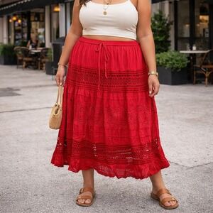 Vintage Red Tiered Maxi Skirt Boho Flowy Long Skirt Cottagecore Prairie XL